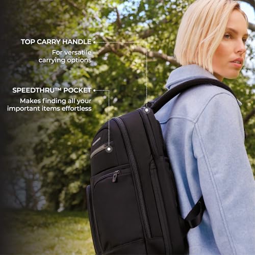 Briggs & Riley Slim Expandable Backpack - Carry On Travel Backpack for Women & Men, Personal Item Bag, Self-Repairing Zippers, Padded Straps, Fits up to 16" Laptop - HTA Collection, Black