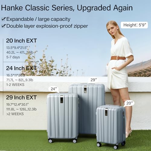 Hanke 20 Inch Expandable Carry on Luggage 22x14x9 Airline Approved Lightweight PC Hard Shell Suitcases with Wheels Travel Luggage Rolling Suitcase Travel Luggage Bag for Weekender(Gray)