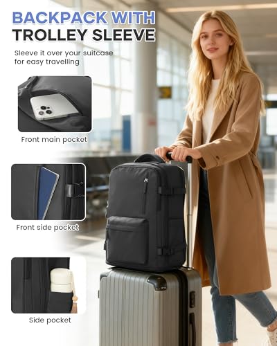 Large Carry on Travel Backpack Women Men,Hiking Gym Waterproof Outdoor Sports Rucksack Casual Daypack Laptop Backpack Personal item Travel Bag Airplane Essentials Spirit Airline Flight Approved,Black