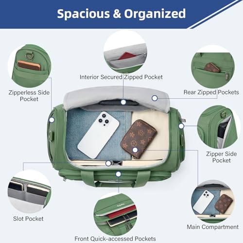 HanTrip Carry on Duffel Bag Foldable Duffle Bags for Travel, Under Seat Personal Item Bags for Airplanes, Weekender Overnight Mens Travel Tote Bag for Women Softside Carry on Luggage (Forest Green)