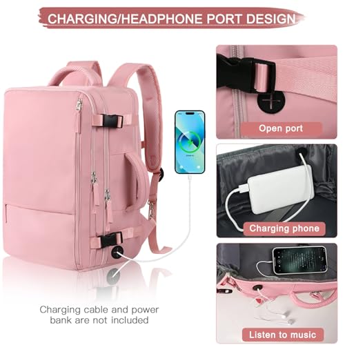 Hanples Carry on Travel Backpack for Women, Large 40L Personal Item Luggage Backpack,17inch Laptop Backpack TSA Flight Approved, Travel Essentials Casual Daypack with 2 Toiletry Bags (Pink)