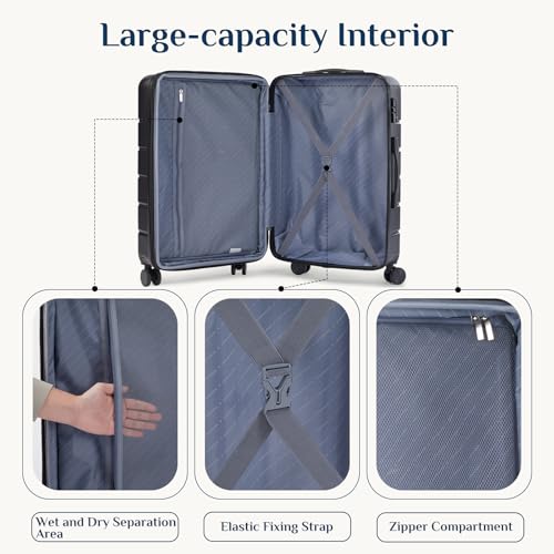 NEWBULIG 21 Inch Carry On Luggage, ABS Hard Shell Lightweight Rolling Expandable Suitcase with Double Spinner Wheels & TSA Lock, Travel Suitcase for Business Trips and Short Vacations, Black