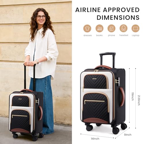 LOVEVOOK Carry on Luggage 22x14x9 Airline Approved, Waterproof Carry on Suitcase with 3 Pouches,Lightweight Softside Underseat Travel Luggage with 360° Spinner Wheels,TSA Lock for Travel Business