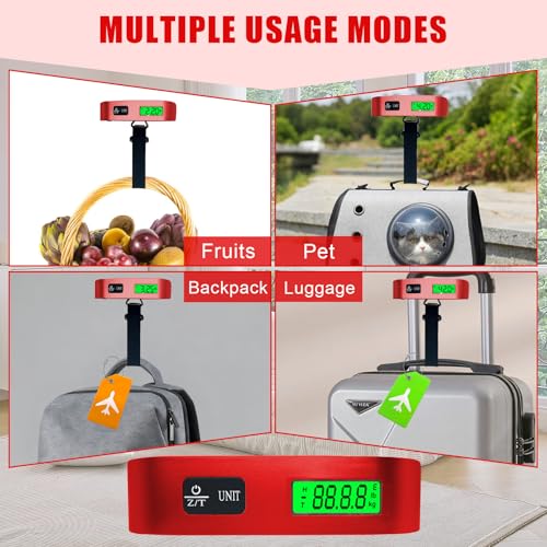 Luggage Scale, Portable Luggage Weight Scale with 2 Luggage Tags, LCD Weight Display and 4 Unit Switching Functions (Red)