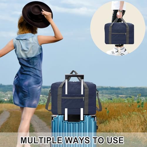 For Spirit Airlines Personal Item Bag 18x14x8 Foldable Carry on Bags for Airplanes Travel Duffel Bags for Women and Men(Snow Navy (With Shoulder Strap))