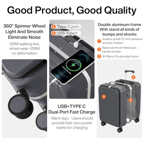 mixi Carry On Luggage with Cup Phone Holder and Charger Hard Shell Suitcases with Spinner Wheels,20 Inch Rock Gray