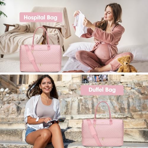 Travel Weekender Bags for Women - Duffle Bag Women with Shoe Compartment Carry On Overnight Bag with Toiletry Bag Duffel Bags with Wet Pocket for Gym Hospital Bags for Labor and Delivery Pink