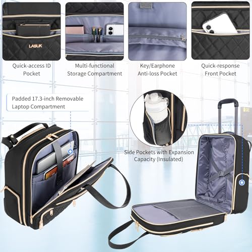 LASUK Underseat Carry On Luggage with Wheels, 17inch Lightweight Overnight Soft Sided Personal Luggage Bag Carry-On Suitcase for Short Trip Travel Business, Black