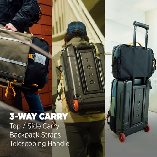Topo Designs Global Travel Roller Bag Suitcase, Carry-On Friendly, 3 Carry Options, Smooth Heavy Duty Wheels, Telescoping Handle, Designed in Denver CO USA, PFAS Free (Dark Denim/Burgundy)