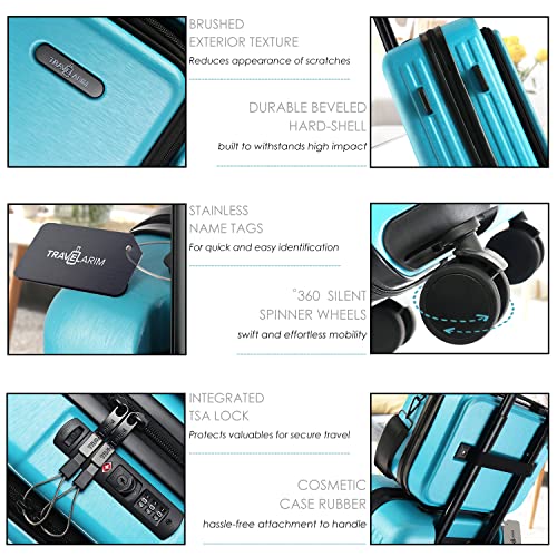 TRAVELARIM 20 Inch Carry On Luggage 22x14x9 Airline Approved, Carry On Suitcase with Wheels, Hard-shell Carry-on Luggage, Durable Luggage Carry-On, Teal Small Suitcase with Cosmetic Case