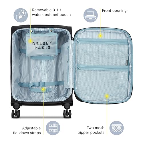 DELSEY PARIS Sky Max 3.0 Carry-On 21 Inch, Lightweight Softside Expandable Luggage, Spinner Wheels, Soft Touch Handle, Onyx Black