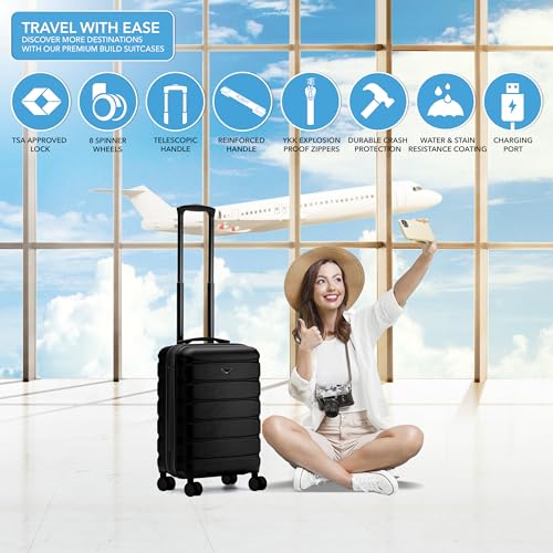 Flight Knight 22x14x9" Expandable Carry On Suitcase Hardside TSA Lock USB C Port Lightweight Luggage Silent Double Spinner Wheels Maximum Overhead Carry-On Bag For American & United Approved Airlines