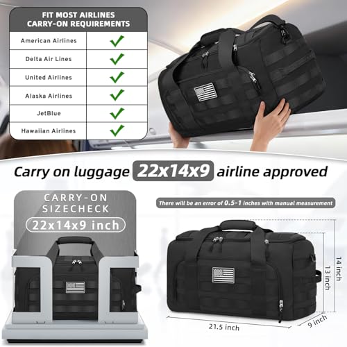 ZOMFELT Tactical Gym Bags for Men, 22x14x9 Carry On Luggage Duffle Bag for Travel, 3-in-1 Sports Basketball Soccer Bag with Removable Dividers & Shoe Compartment, Weekender Overnight Travel bag, Black