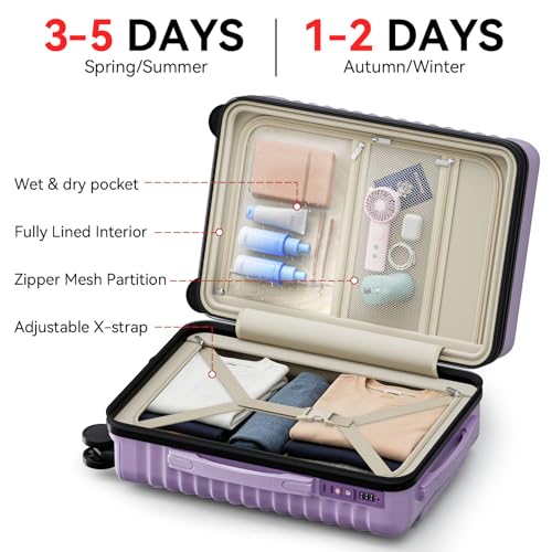 B waygga Carry On Luggage, Expandable PC HardShell Suitcase, Lilac, 20 in