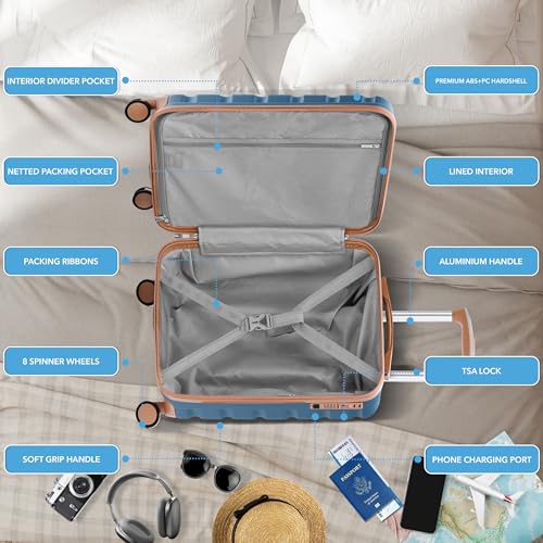 Flight Knight 22x14x9" Expandable Carry On Suitcase Hardside TSA Lock USB C Port Lightweight Luggage Silent Double Spinner Wheels Maximum Overhead Carry-On Bag For American & United Approved Airlines