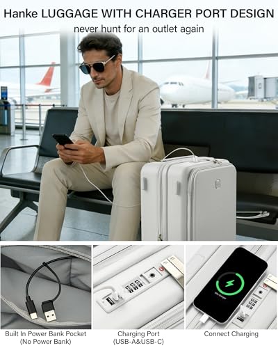 Hanke 20 Inch Expandable Carry On Luggage with Cup Holder 22x14x9 Airline Approved, Top Opening Hard Shell Suitcases with Wheels, Carry-On Travel Suitcase Trunk Luggage with Lock, Smoke White