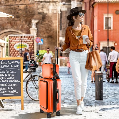 TRAVELARIM 20 Inch Carry On Luggage 22x14x9 Airline Approved, Carry On Suitcase with Wheels, Hard-shell Carry-on Luggage, Orange Small Suitcase, Hardside Luggage Carry On with Cosmetic Carry On Bag
