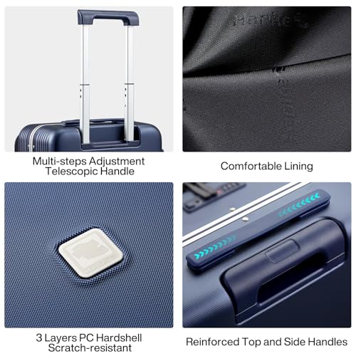 Hanke 20 Inch Carry On Luggage with Front Pocket Aluminum Frame, Hard Shell Suitcases with Wheels, Rolling Luggage, Suitcase with Lock, Travel Luggage for Weekender, Dark Blue