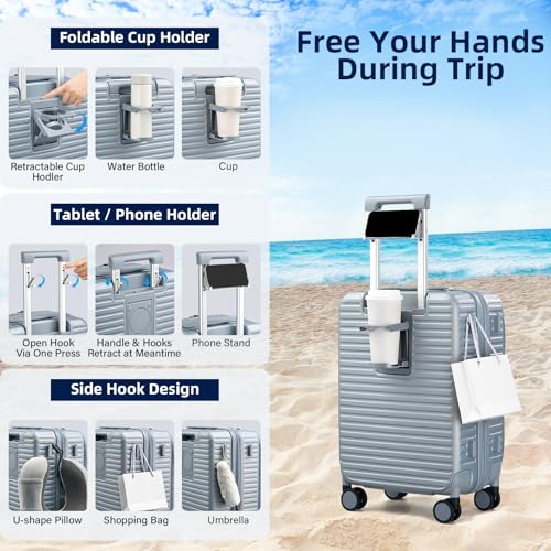 HanTrip 20 Inch Carry on Luggage 22x14x9 Airline Approved Hard Shell Suitcases with Wheels, Top Opening Expandable Carry on Luggage with Cup Holder Small Rolling Suitcase with Lock, Silver