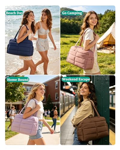BAGSMART Gym Bag for Women, Lightweight Puffer Duffle Bag 2-PC Travel Bag, 31L Weekender Overnight Bag Quilted Carry On Tote Bag, Diaper Hospital Dance Bag for Travel, Gym, Water Resistant, Pink