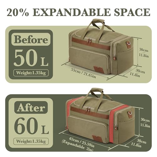 SHOWKOO Duffle Bag for Travel 60L Expandable Canvas Travel Bag Durable Vintage Weekender Overnight Carry On Bag for Men(Army Green)