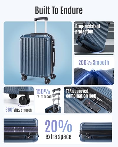 LIGHT FLIGHT Carry On Luggage 22x14x9 Airline Approved, Durable Hard Shell Carry On Suitcases with Wheels, Expandable Hardside Lightweight Travel Luggage with TSA Lock, Royal Blue