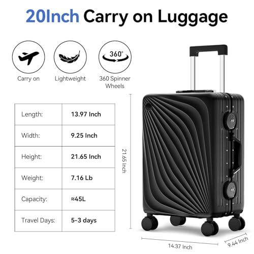 Faqy Z Carry On Luggage, Aluminum Frame Zipperless Suitcase, Black, 20 in