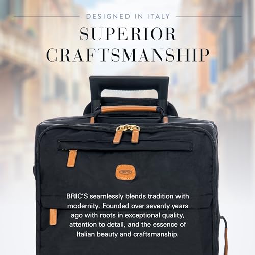 Bric's X-Travel 21” Carry-On Spinner – Airline Approved Luxury Softside Luggage with 360° Wheels, Recycled Water-Resistant Fabric, Interior Pockets, and Leather Details – Black