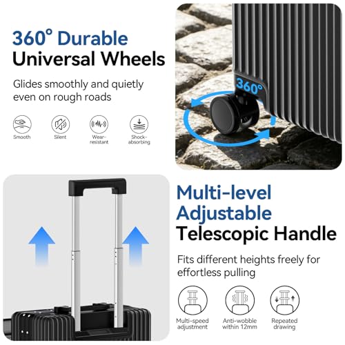 Hiyciy 20 Inch Carry On Luggage Front Pocket, Aluminum Frame PC Hardside Suitcase with Quick Makeup Area, Cup Holder & USB Charger, Spinner Wheels for Weekend Travel (Black, 20 Inch)