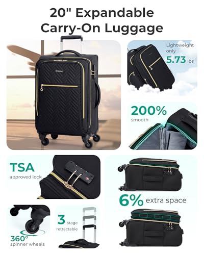 BAGSMART Carry On Luggage 20 Inch,Softside Expandable Suitcase with Spinner Wheels, Luggage 22x14x9 Airline Approved Rolling Lightweight Suitcases for Women Men, Compact Carry-On (Black)