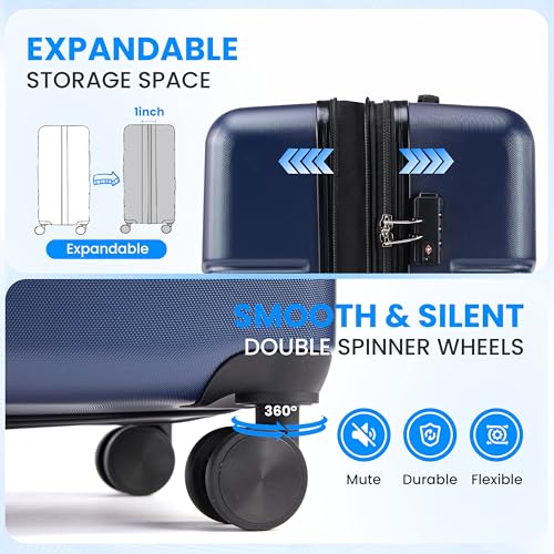 Simple Deluxe 20 Inch Expandable Hardside Carry On with Spinner Wheels & TSA Lock, ABS Hard Shell Lightweight Rolling Luggage Suitcase, Blue