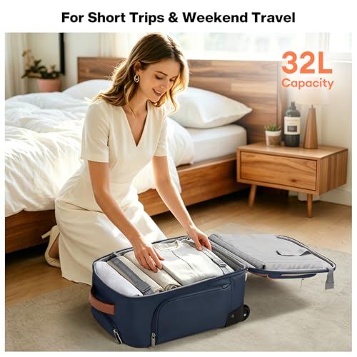 mixi 16 Inch Underseat Carry-On Luggage, Softside Suitcase with Wheels, Fashion Lightweight Water-Resistant Personal Item Travel Bag for Short Trips, Deep Blue-Off white