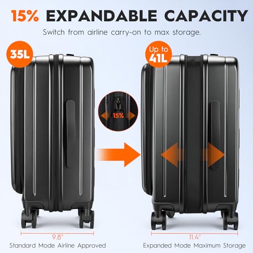 Expandable Top Opening 20 Inch Carry On Luggage with Laptop Compartment – Polycarbonate Hard Shell Suitcase, TSA Lock & Spinner Wheels (Black)