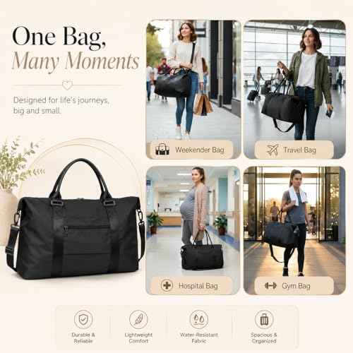 Travel Duffle Bag, Weekender Travel Bag Men Small Gym Bag for Women, Hospital Bag for Labor and Delivery, Overnight Bag Luggage Bag with Trolley Sleeve, Airplane Travel Essentials for Flying(Black)