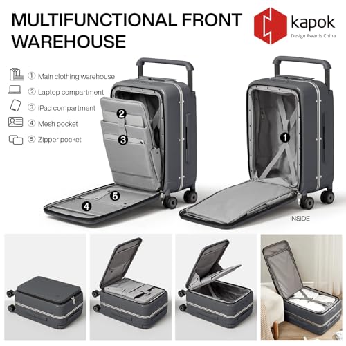 mixi Carry On Luggage Wide Handle Luxury Design Rolling Travel Suitcase PC Hardside with Aluminum Frame Hollow Spinner Wheels, with Cover, 20 inch, Rock Grey
