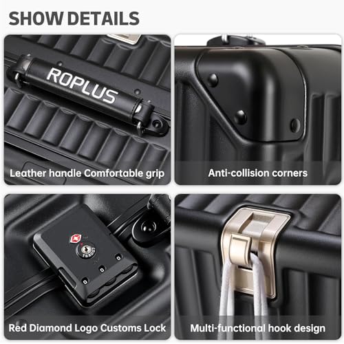 ROPLUS Aluminium Frame Carry on Luggage with Smooth Jelly Wheels, Hardside Zipperless Rolling Suitcase with TSA Lock (Pure Black, 21-Inch)