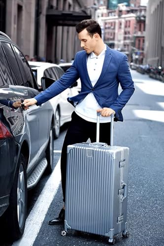 HotWay Carry On Luggage with Spinner Wheels, PC Hard Shell Zipperless Suitcase with Aluminum Frame and TSA Locks, 22x14x9 Airline Approved Lightweight Luggage for Business Travel (Silver, 20 Inch)