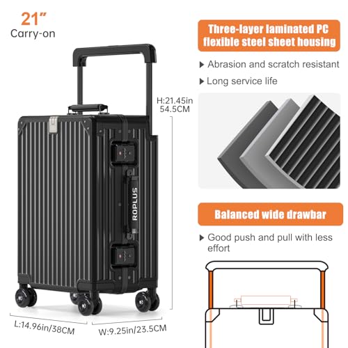 ROPLUS Aluminium Frame Carry on Luggage with Smooth Jelly Wheels, Hardside Zipperless Rolling Suitcase with TSA Lock (Pure Black, 21-Inch)