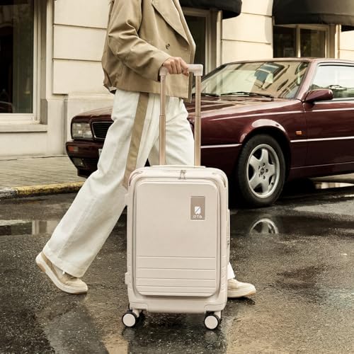 DTA Nova Top Opening PC Hard Shell Suitcase, 20-inch International Carry On Luggage with TSA Lock, 360 Silent Spinner Wheels - Ideal for Business Travel Suitcase (Beige, Carry-On 20-Inch)