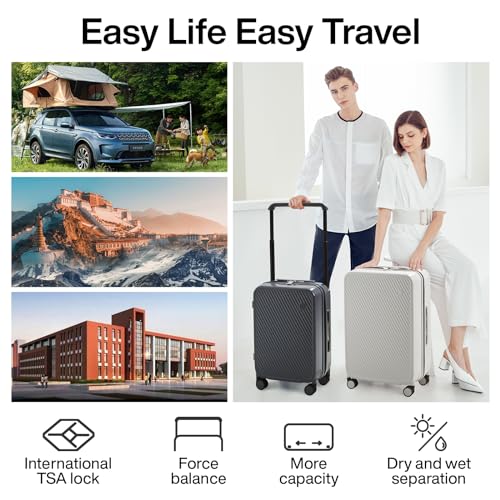 mixi Carry On Luggage Airline Approved 20'' Lightweight Luggage Wide Handle PC Hardshell Suitcases with Spinner Wheels & TSA Lock, Rock Gray