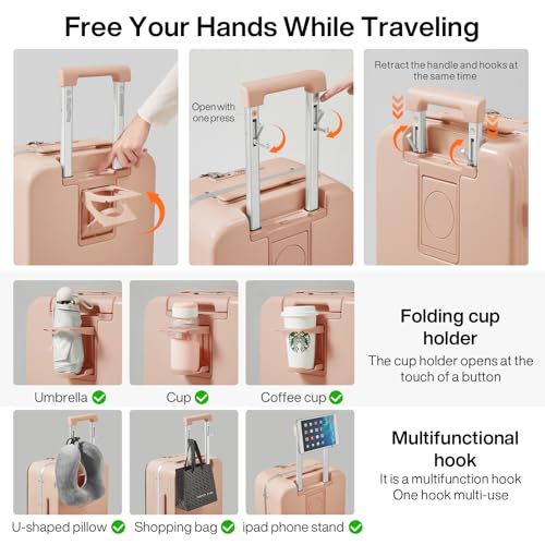 mixi Carry On Luggage with Cup Phone Holder and Charger Hard Shell Suitcases with Spinner Wheels,20 Inch Light Pink