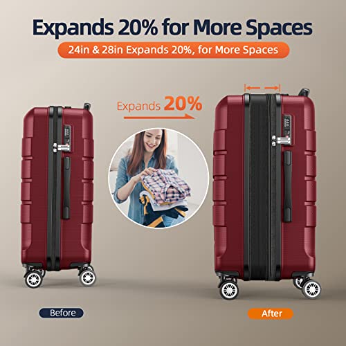 SHOWKOO Luggage Sets with Duffle Bag Expandable 100% PC Durable Suitcase Double Wheels TSA Lock 5pcs Wine Red