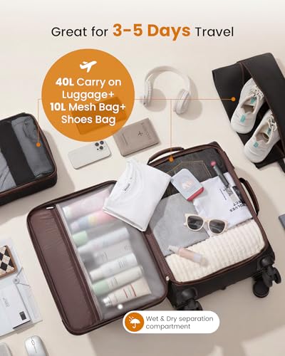 LOVEVOOK Carry On Luggage 22x14x9 Airline Approved,20 Inch Suitcases with Spinner Wheels,Softside Carry-on Suitcase with TSA Lock for Men Women Business Trip Weekender Travel,Black&brown