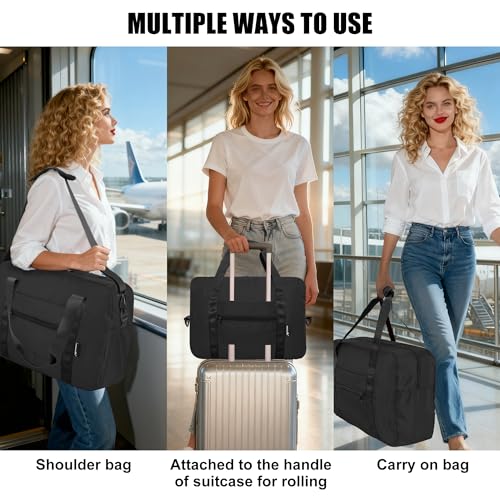 Foldable Travel Duffle Bag, Airlines Approved Carry On Bag Weekender Overnight Bag for Men Women, 40L (Black)
