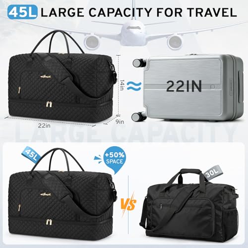 ZOMFELT Carry On Luggage 22x14x9 Airline Approved, 45L Waterproof Large Women Duffle Bag for Travel, Carry on Travel Bag with Shoe Compartment, Weekender Overnight Hospital Gym Bag for Women, Black