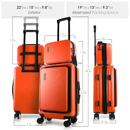 TRAVELARIM 20 Inch Carry On Luggage 22x14x9 Airline Approved, Carry On Suitcase with Wheels, Hard-shell Carry-on Luggage, Orange Small Suitcase, Hardside Luggage Carry On with Cosmetic Carry On Bag