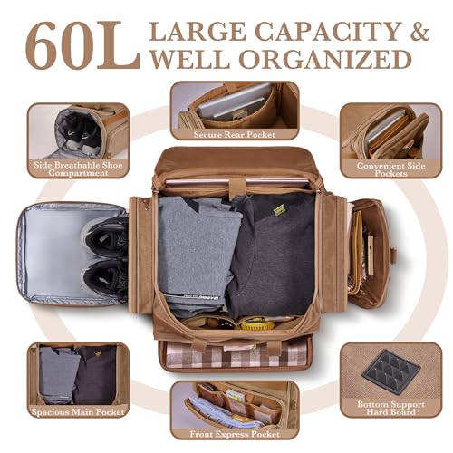 SHOWKOO Duffle Bag for Travel 60L Expandable Canvas Travel Bag Durable Vintage Weekender Overnight Carry On Bag for Men(Khaki)