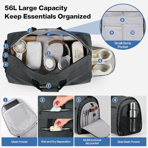 mixi 22 Inch Carry-On Bag for Men Women, 56L Foldable Water-Resistant Weekender Bag for Travel Gym Sports, Rock Gray