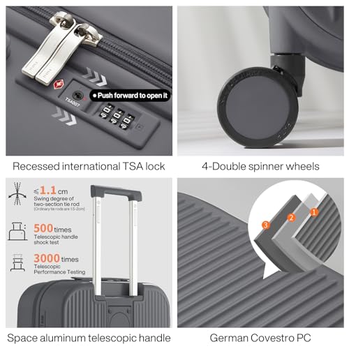 mixi Carry On Luggage with Cup Phone Holder Hard Shell Rolling Travel Suitcase with Spinner Wheels,20 Inch Rock Grey