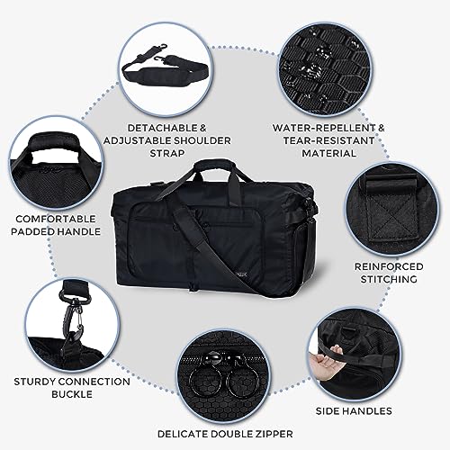 Fmeida 65L Duffle Bag with Shoes Compartment, Foldable Travel Duffel Bags for Men Women, Large Packable Travel Bag Water Repellent & Tear Resistant (Black)